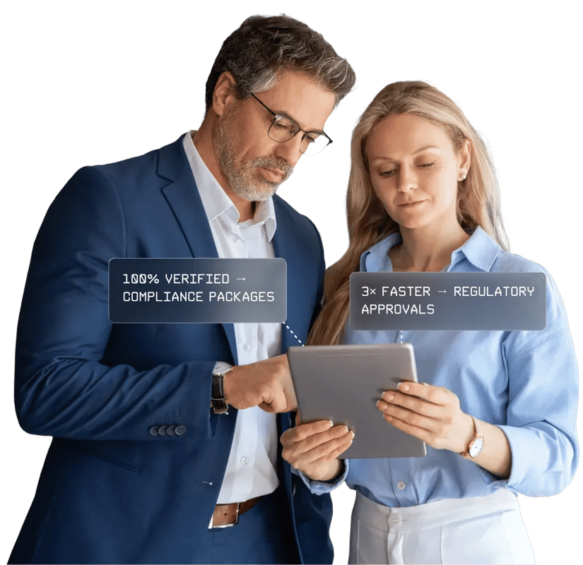 Two professionals reviewing information on a tablet, with overlay callouts highlighting verified compliance packages and faster regulatory approvals.