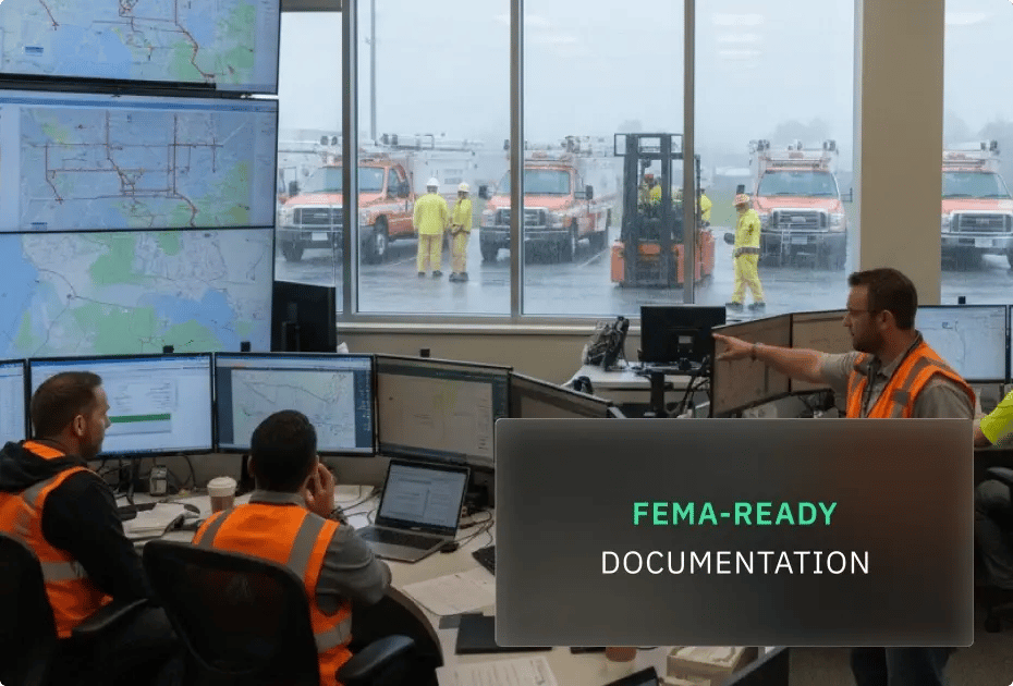 Utility operations staff work in a control room monitoring multiple screens and maps, while crew trucks and workers prepare outside in rainy conditions. A text overlay reads “FEMA-ready documentation.