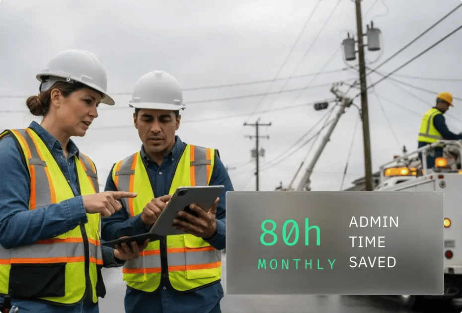 A construction worker in safety gear operates a laptop outdoors, with a power line structure in the background and a digital sign indicating 80h monthly admin time saved.