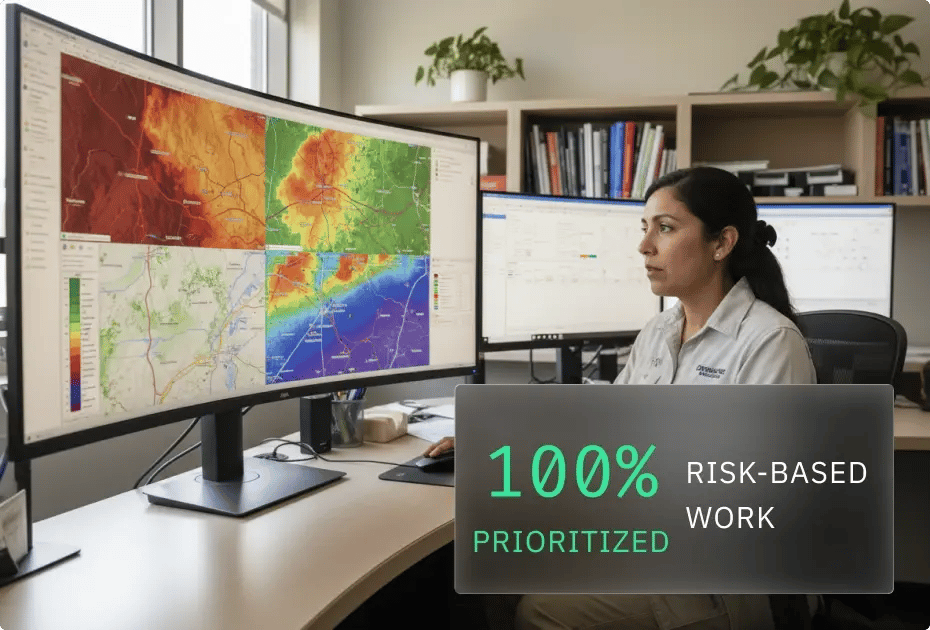 Woman analyzing data on multiple screens; risk-based work prioritized.