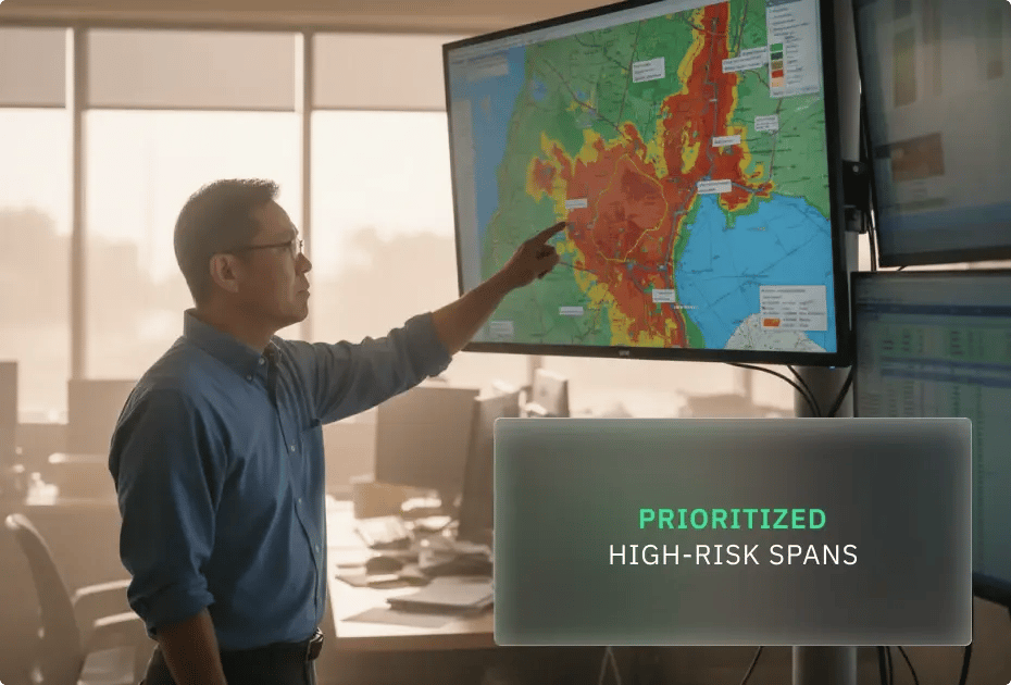 Man analyzing high-risk spans on a map in an office setting.