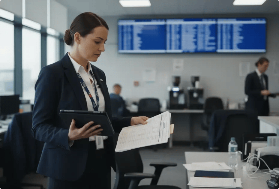 Businesswoman reviewing documents with tablet in office setting.