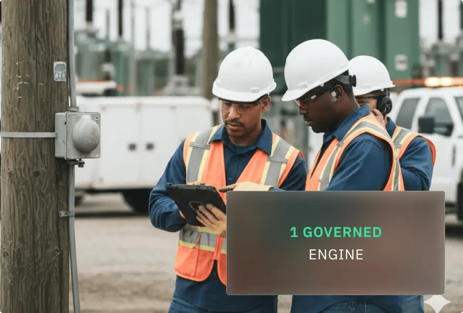 Two workers in safety vests and hard hats discussing plans while holding a tablet near a utility pole and service vehicles.