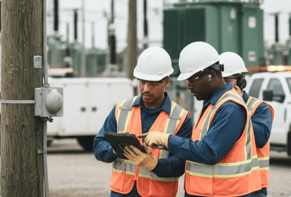 Three utility workers wearing hard hats and orange safety vests stand beside a utility pole, reviewing information together on a tablet in an outdoor work zone.