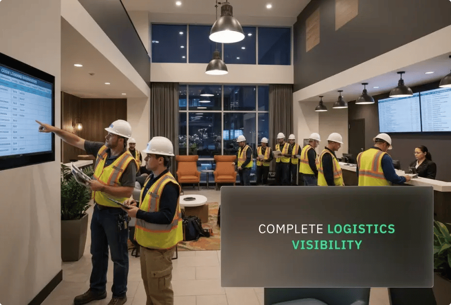 Logistics team in high-visibility vests and hard hats reviewing data at a control center.