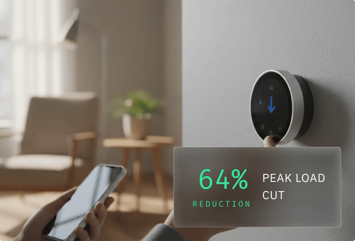 Smart thermostat with 64% peak load reduction feature being adjusted by a person using a smartphone.