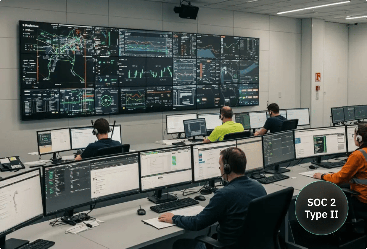 A modern operations control center with multiple people monitoring large wall displays and multi-screen workstations. Real-time system dashboards, network maps, and performance analytics fill the screens, while staff wearing headsets manage ongoing activity.