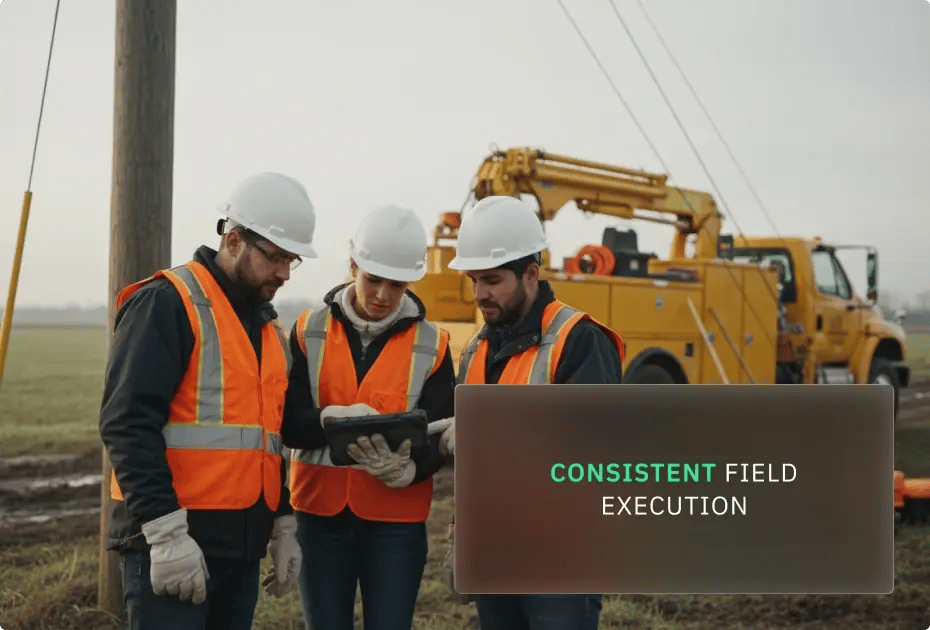 Three workers in safety gear examine a tablet near utility equipment.