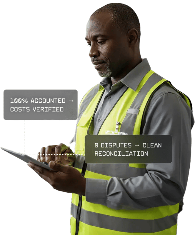 A utility worker wearing a reflective safety vest reviews information on a tablet, with overlay callouts highlighting verified costs and clean reconciliation with zero disputes.