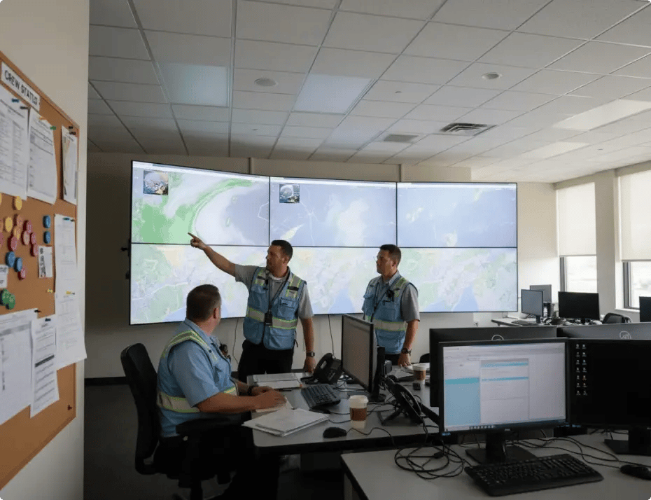 Three workers in safety vests collaborate at a control room with large screens displaying maps.