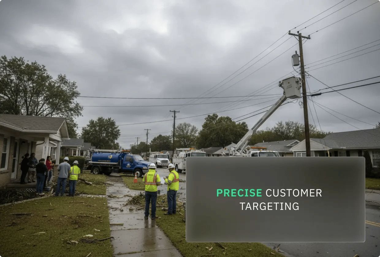Utility workers repairing power lines with a cherry picker truck; residents nearby.