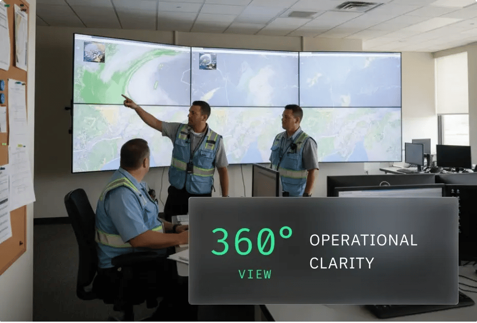 Three individuals in safety vests analyze data on large screens displaying maps, with "360° Operational Clarity" emphasized.