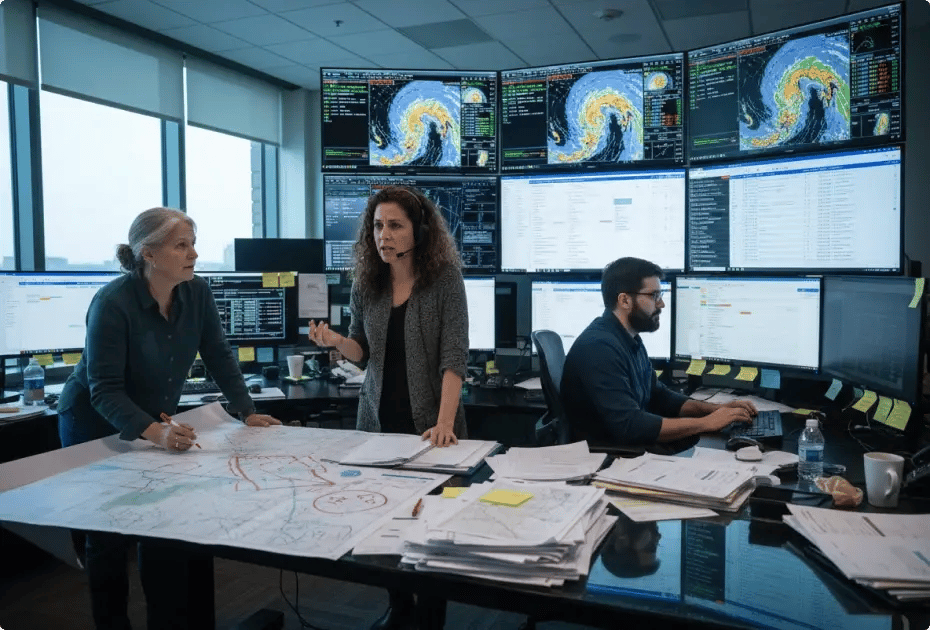Three professionals collaborate in a weather monitoring room with multiple screens showing storm data and maps.