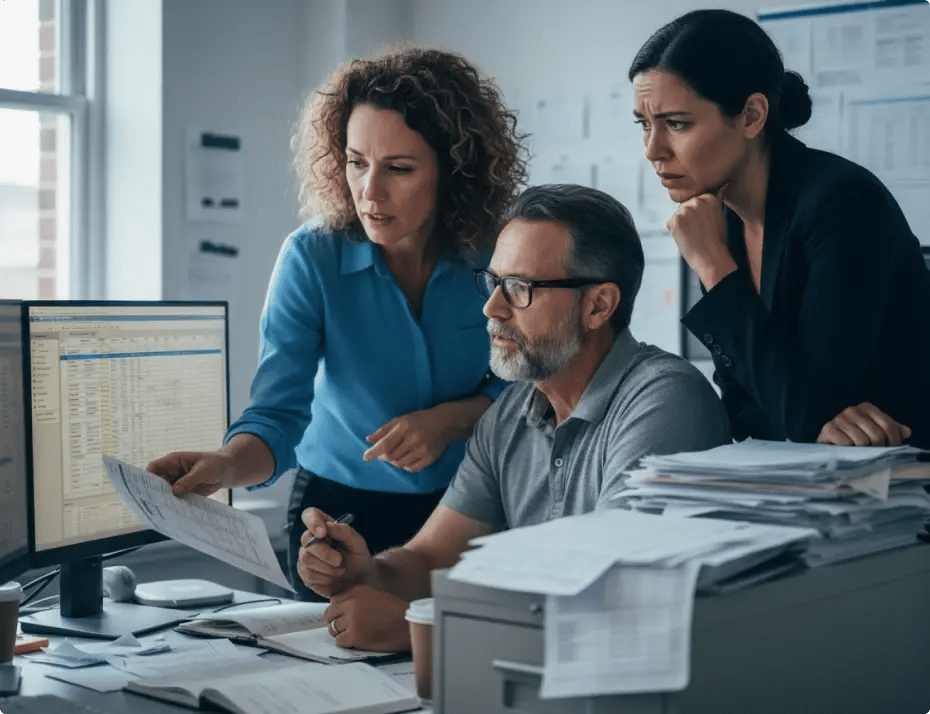 c at an office desk with computer screens and documents.