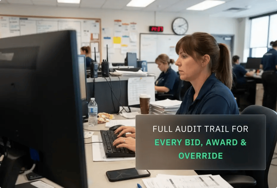 Office workers at desks with computers; emphasis on audit trail tracking.