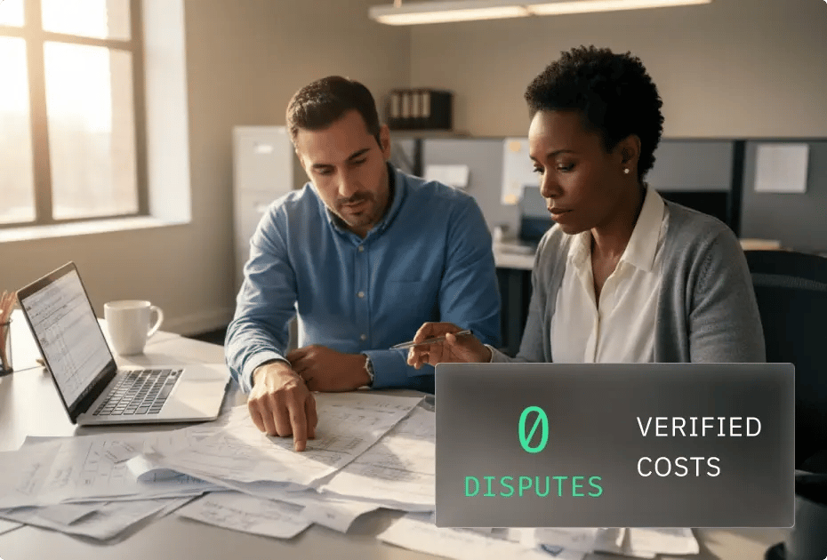 Two professionals reviewing documents at an office desk with "VERIFIED COSTS" sign.