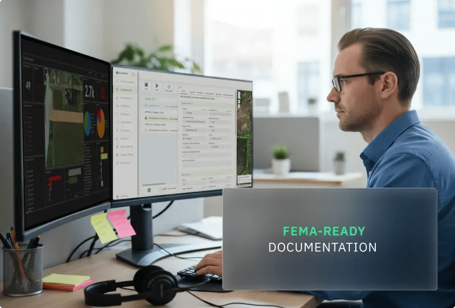 Man working at desk with dual monitors, focused on FEMA-ready documentation.
