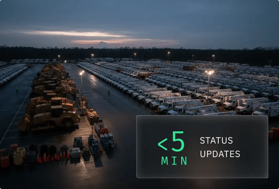 Evening view of an industrial lot with construction equipment and vehicles awaiting status updates.