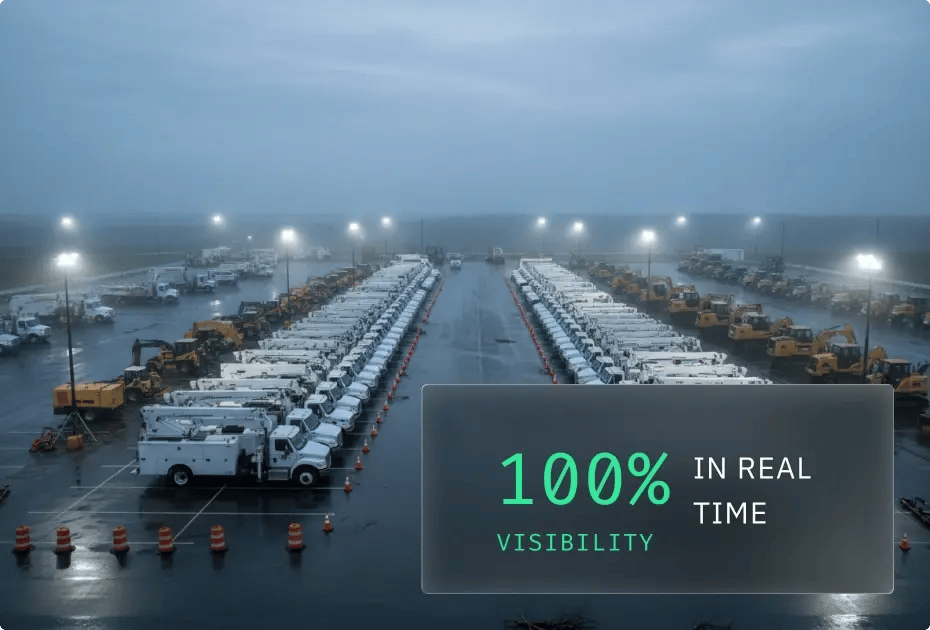Rows of vehicles parked in an open lot with bright lights and traffic cones