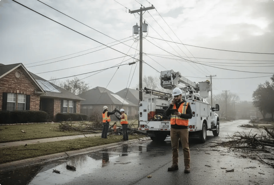 Utility workers in safety gear repair downed power lines with a bucket truck in a residential neighborhood.