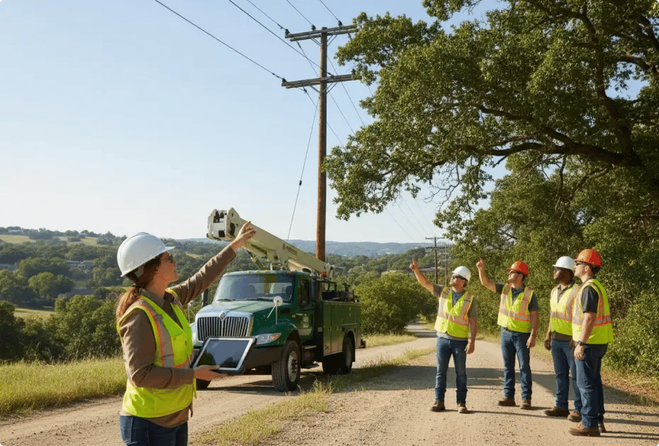 Utility workers in safety vests and helmets inspecting power lines with a cherry picker truck.