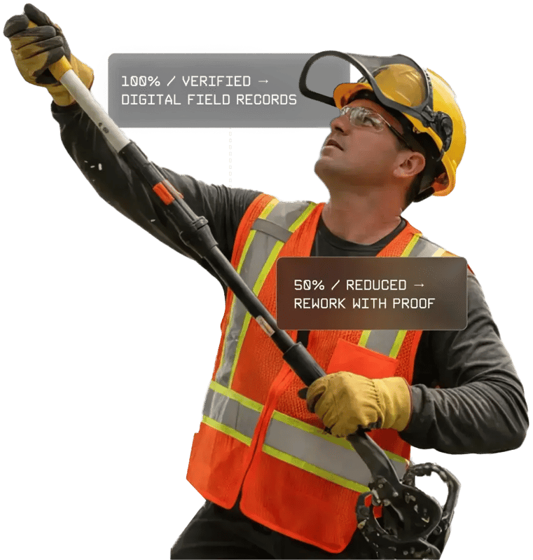 A utility worker wearing protective gear and an orange safety vest trims vegetation with a long-handled tool, with overlay callouts highlighting verified digital field records and reduced rework.