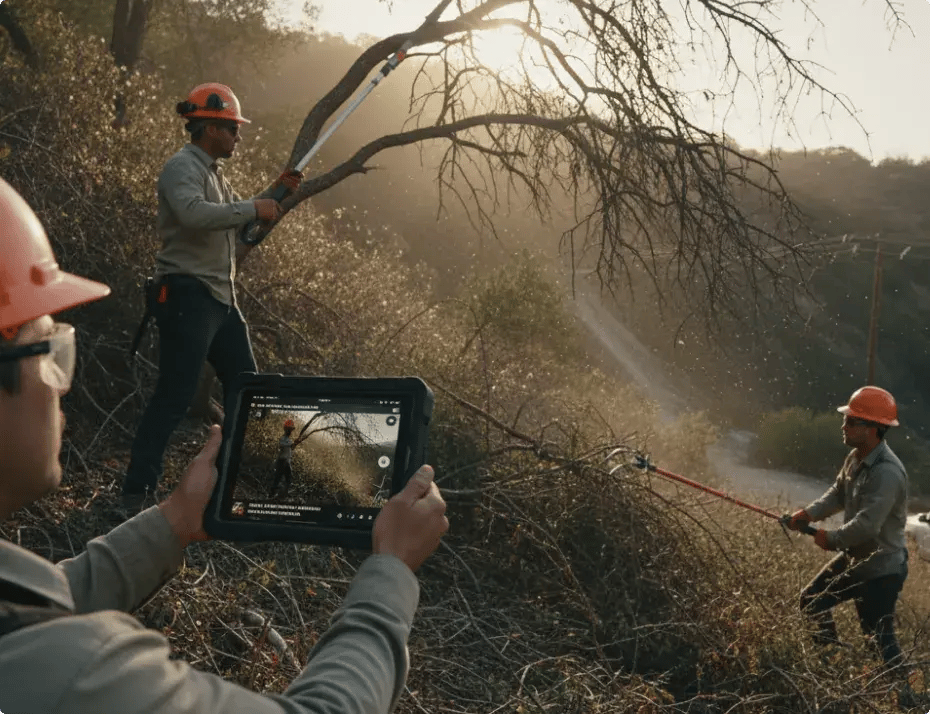 Workers using tools to trim branches while another records with a tablet.