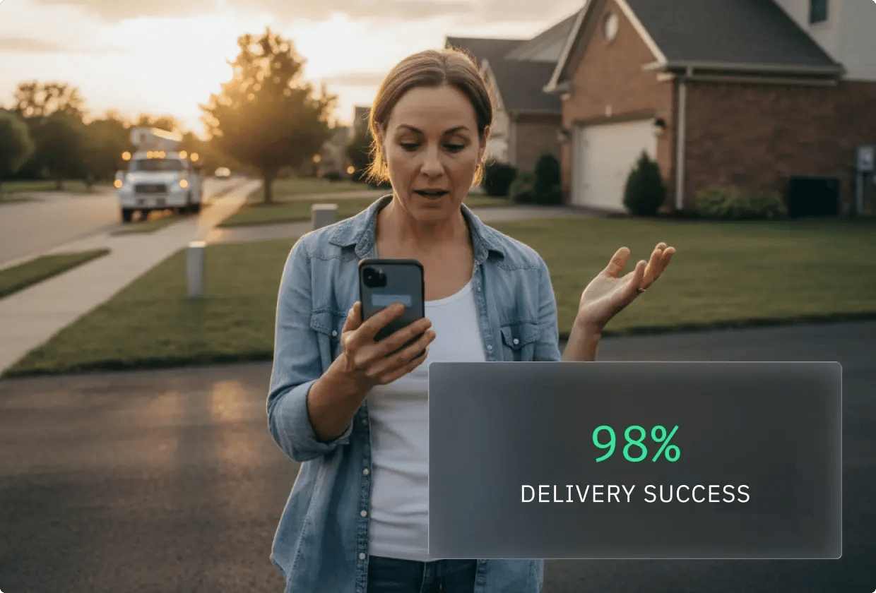 Woman checking phone with delivery truck nearby; success rate displayed as 98%.