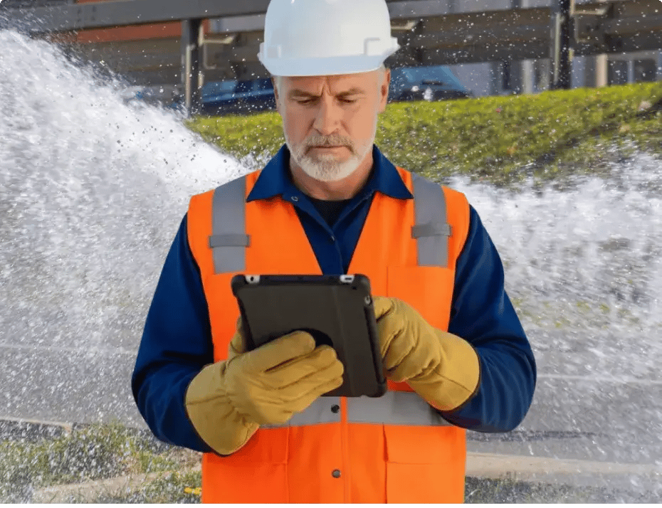 Water utility worker reviewing callouts on ipad