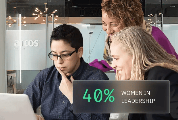 Three individuals engage in discussion around a laptop, with a highlighted statistic reading 