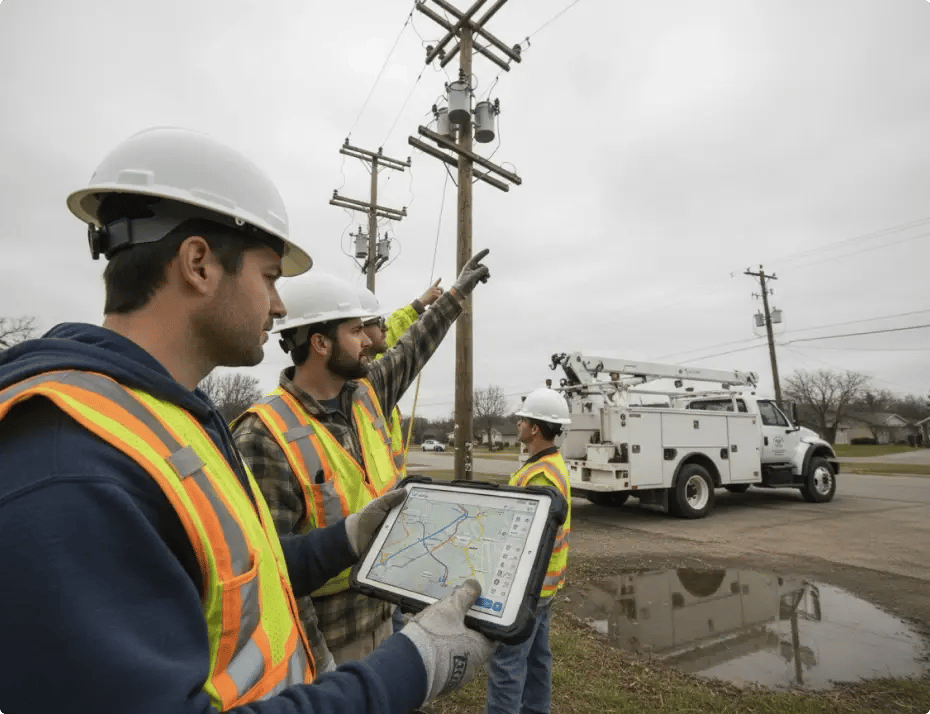 Utility workers in safety gear inspecting power lines with a truck nearby.