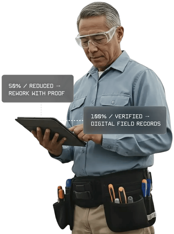A field worker wearing safety glasses reviews information on a tablet, with a tool belt around his waist and overlay callouts highlighting reduced rework and verified digital field records.