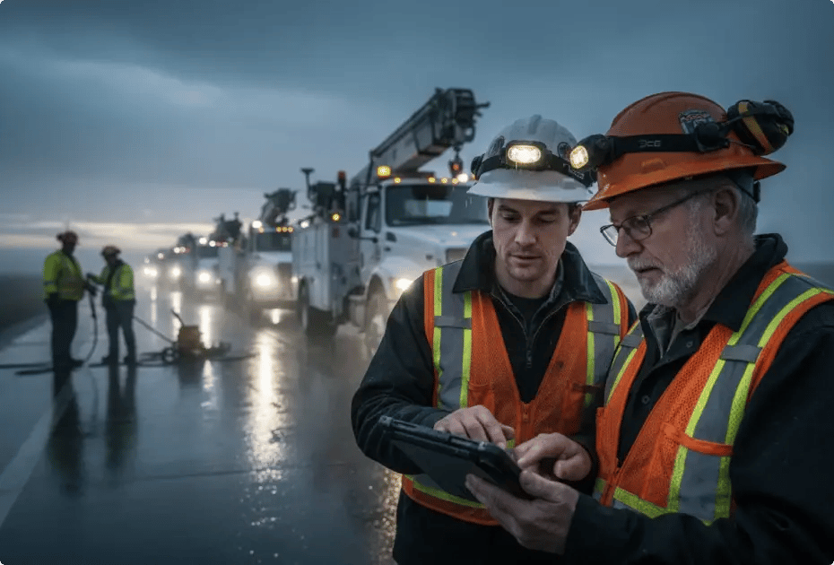 Workers in safety gear review plans on a tablet amidst utility trucks and equipment.