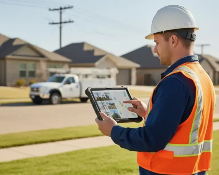 Worker in safety gear using tablet near residential area.
