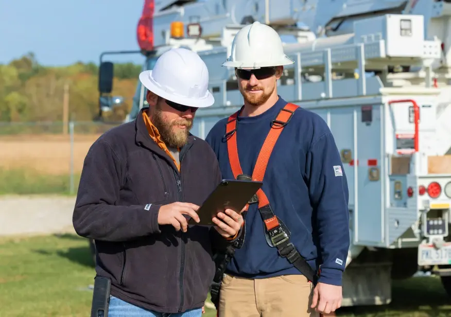 Two construction workers wearing safety vests and hard hats examine something on a phone at a worksite with heavy machinery.