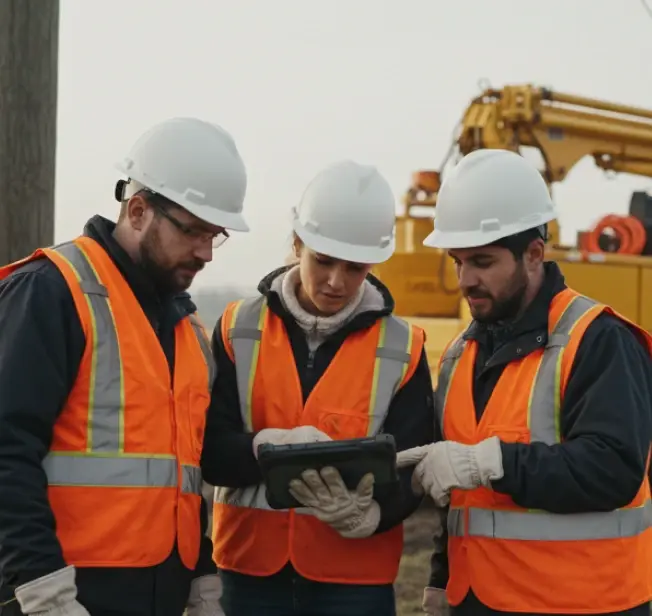 Three construction workers wearing safety vests and hard hats examine a tablet at a worksite with heavy machinery in the background.