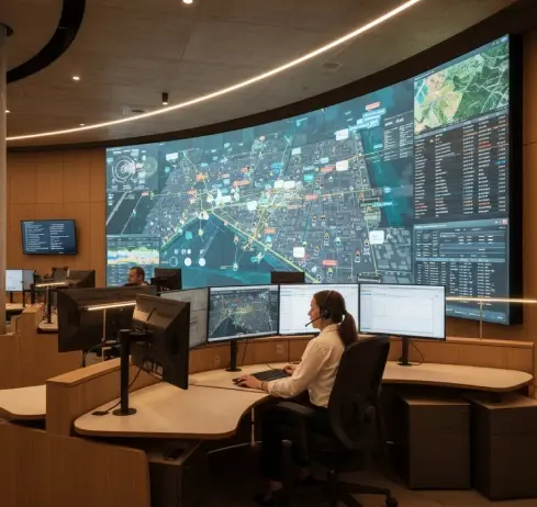 Control room with operator monitoring multiple screens displaying city maps and data.