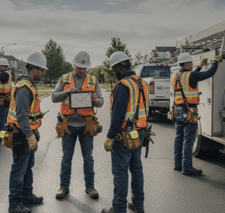 Construction workers in safety gear examining plans near a utility truck.