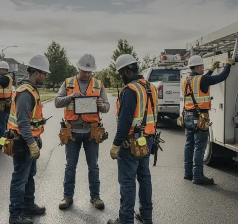 Utility workers in safety vests and hard hats confer near a utility truck.