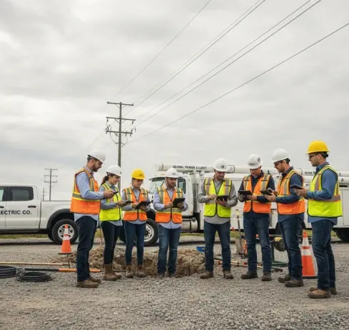Electric company workers in safety gear discuss plans near utility vehicles and equipment.