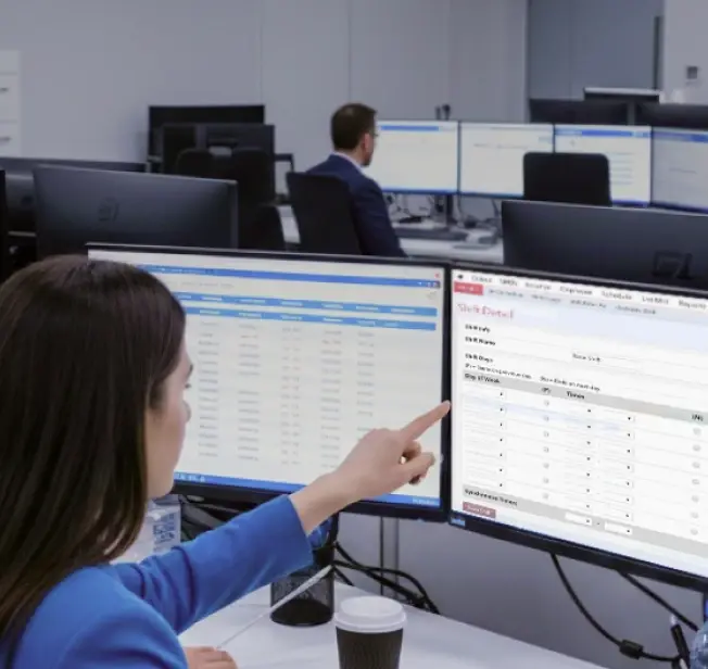 Woman pointing at data on dual monitors in an office setting