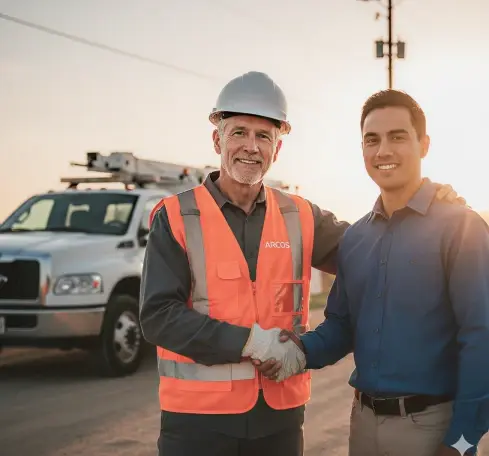 Two individuals shaking hands in a construction setting at sunset, with a utility truck parked in the background.