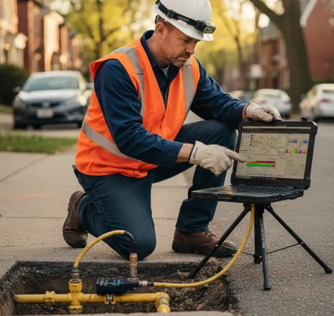 A utility worker wearing a hard hat and high-visibility vest kneels beside an open street access point, checking underground equipment while referencing data on a rugged laptop. Yellow cables run from the ground installation to the device as he monitors readings on the screen.