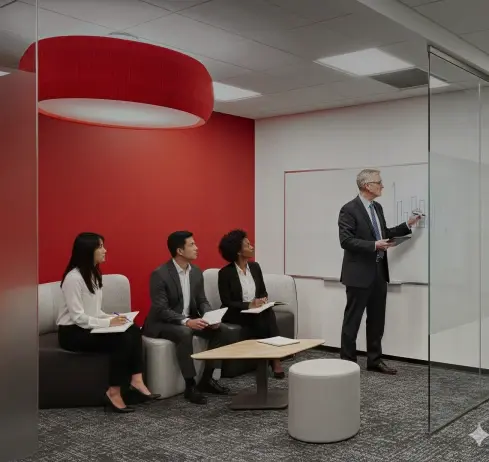 A professional meeting takes place in a modern conference room with a whiteboard, as a presenter discusses ideas while seated colleagues listen attentively.