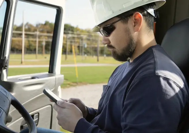 Man in hard hat using phone while sitting in vehicle.
