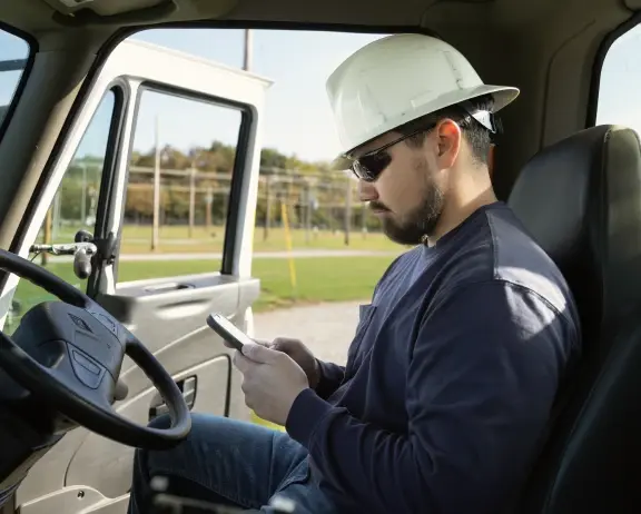 Man in hard hat using phone while sitting in vehicle.