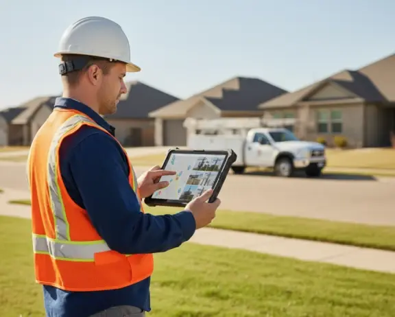 Man in safety gear using tablet near residential area with truck parked nearby.