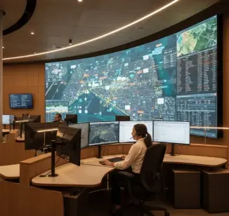 Person working at multiple computer monitors in a modern control room, with a large digital map and data display on the wall in front of them.