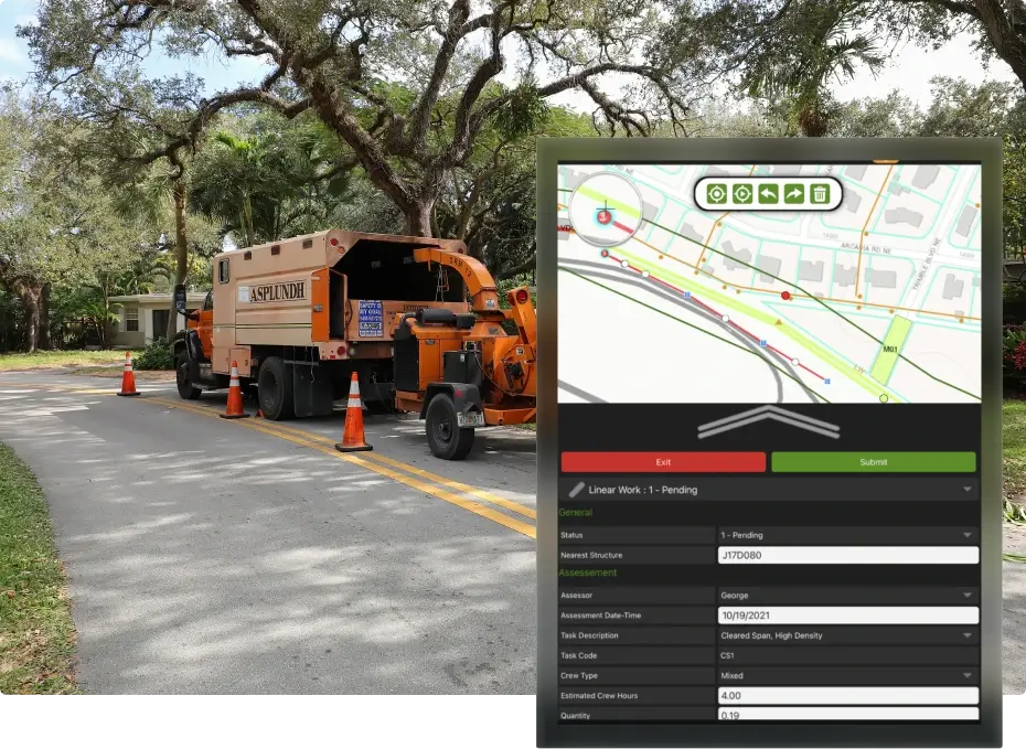 Orange utility truck with traffic cones on a suburban street; map interface showing work details.