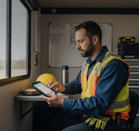 Man in safety vest using tablet near window with tools and helmet nearby.